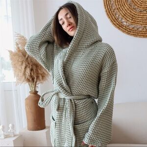 Turkish Cotton Waffle Knit Hooded Robe - Green